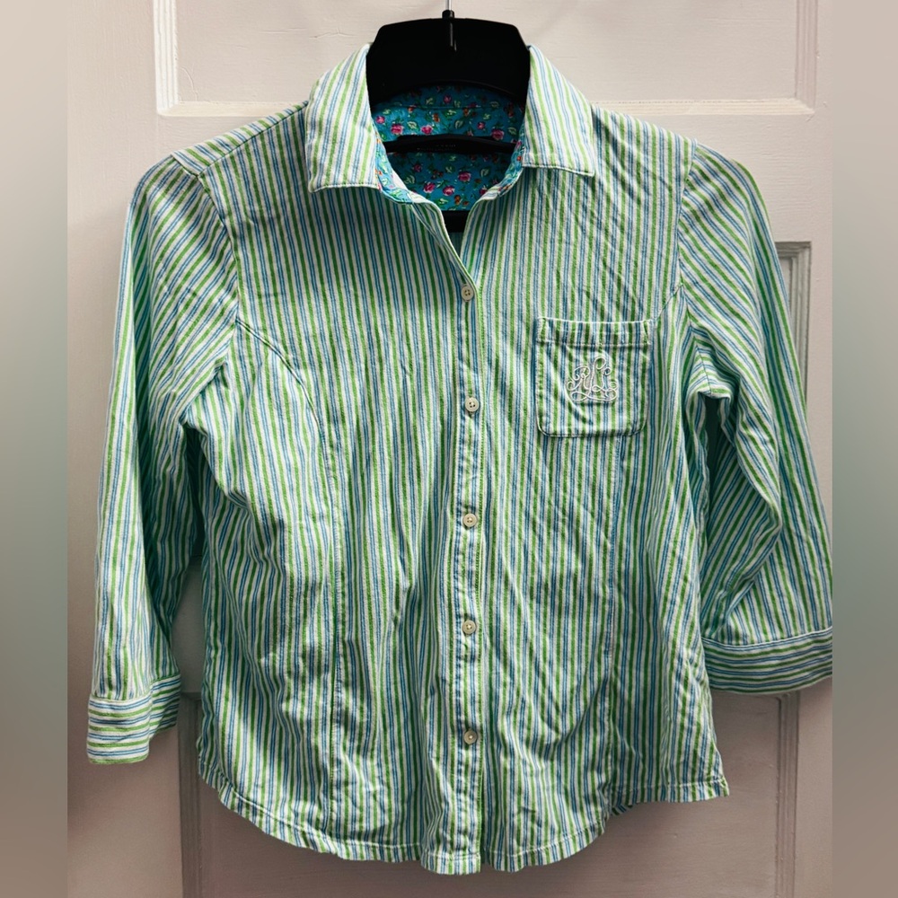 Lauren Ralph Lauren Cotton Pajama Set | Green & Blue Stripe | Size M